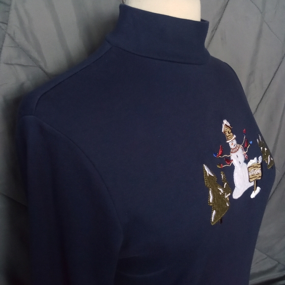 Women's Snowman Navy Blue 100% Cotton Christmas Mock Neck Long Sleeve Shirt - Picture 2 of 12